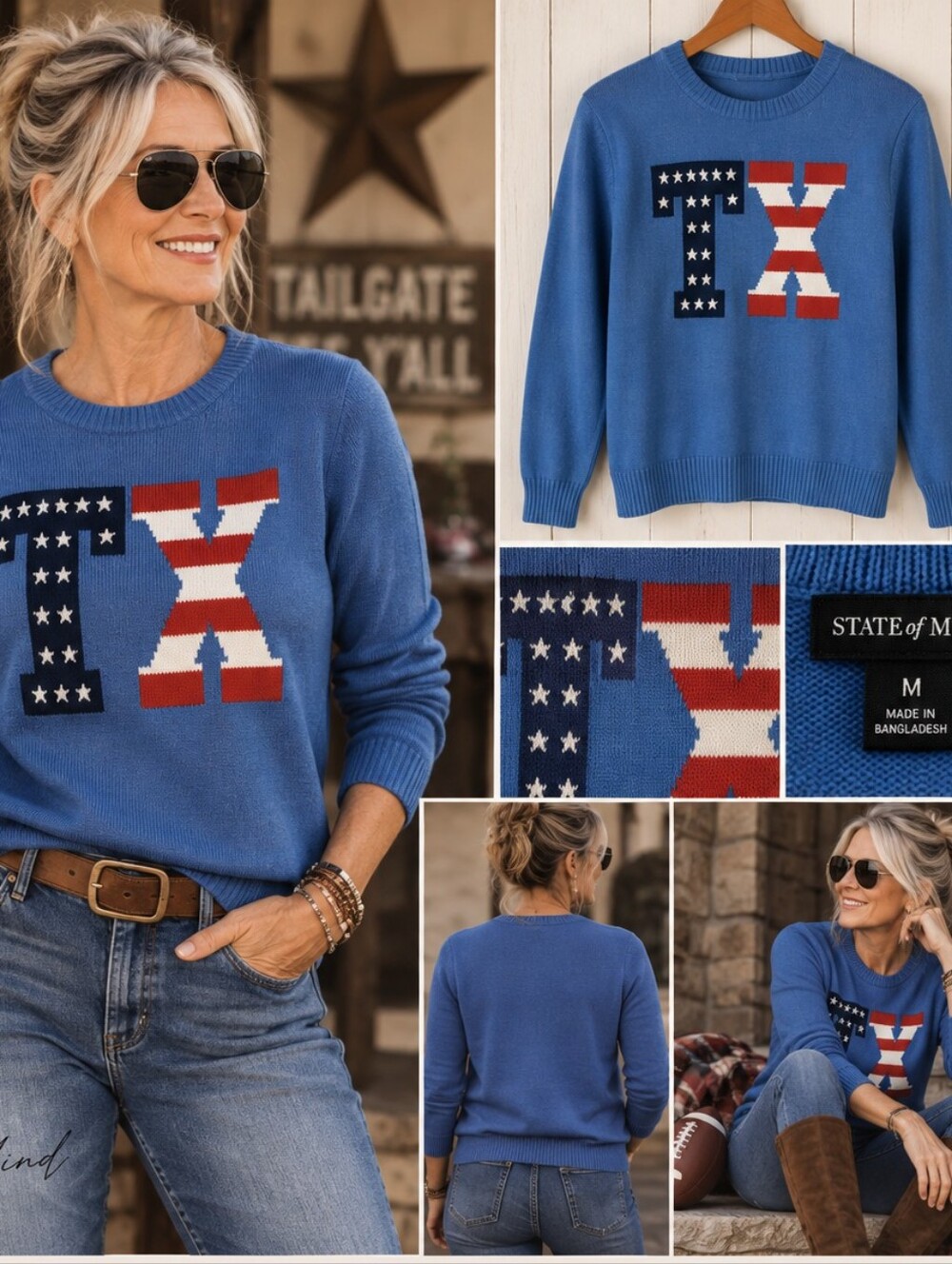 NWT State of Mine Americana TX Texas Flag Cotton Sweater Medium, Large